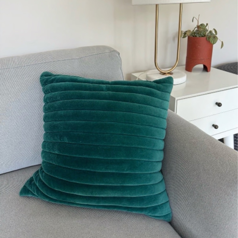 CB2 Channeled Velvet Teal Green Throw Pillow
